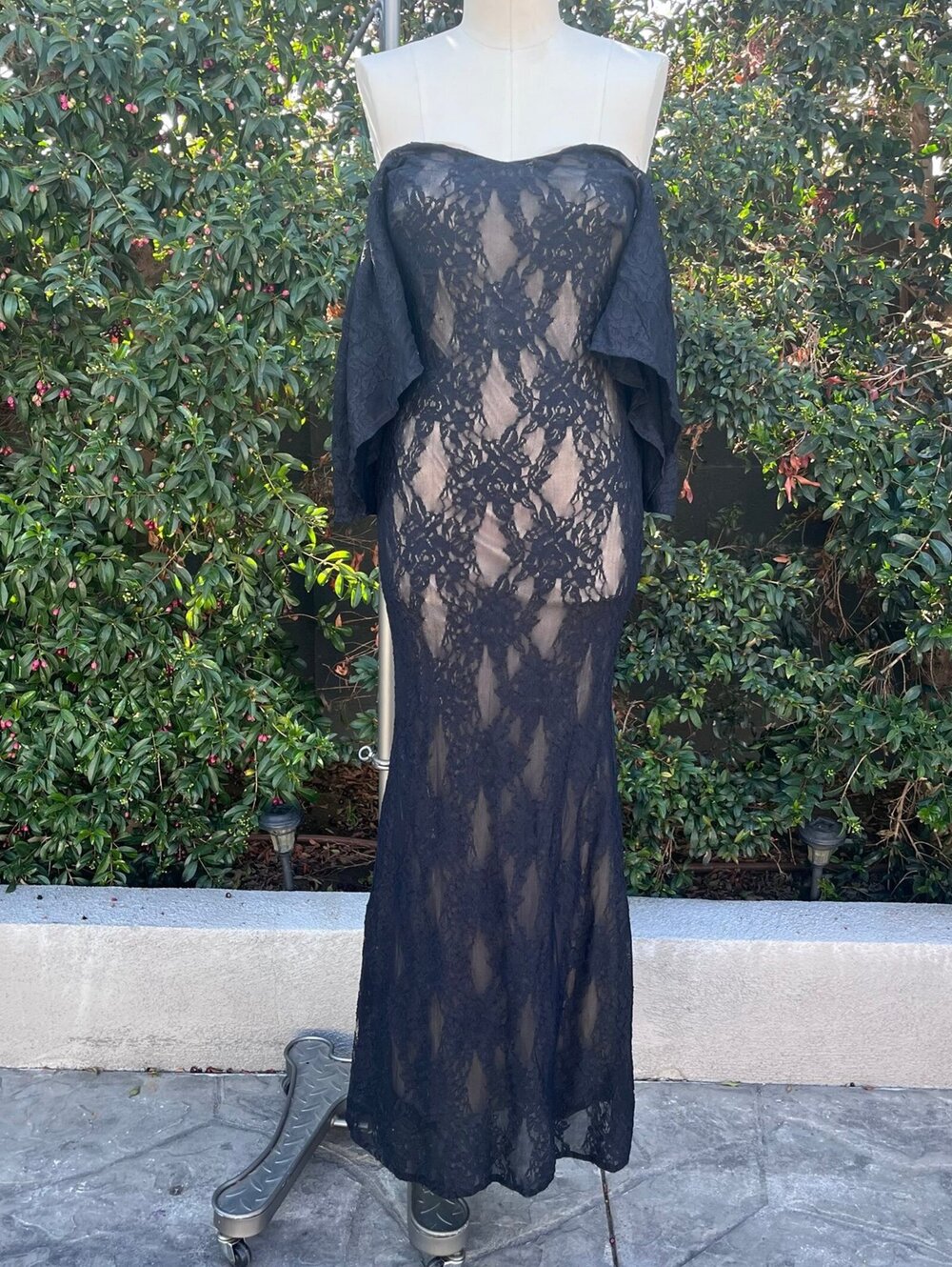 1990s Black Lace Maxi Dress Sheer Off Shoulder Goth Formal 2000s Glam